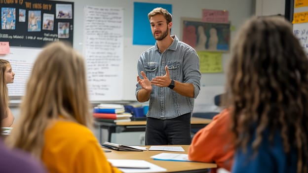 Engaging classroom scene with instructor explaining topic to attentive students, modern educational environment with colorful posters and learning materials.