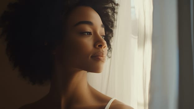 A serene woman looks out a window, her face softly lit by natural light, conveying peace and contemplation.