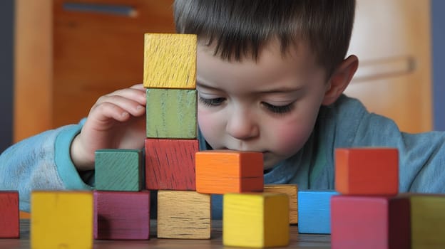 A young child carefully stacks colorful wooden blocks, fostering creativity and learning through play.