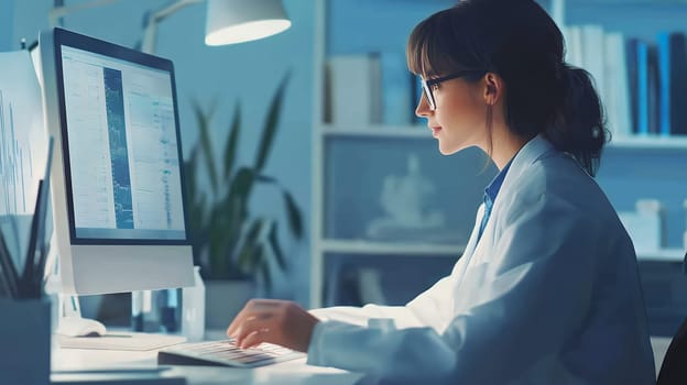 Female scientist working late at the computer, analyzing complex data in a modern laboratory setting.