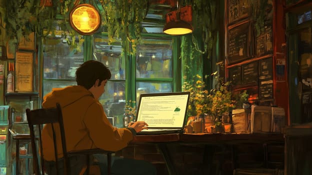 Person working on a laptop in a cozy cafe setting with ambient lighting and greenery.