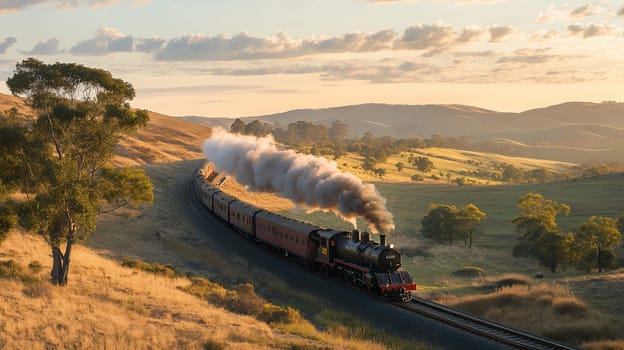 Vintage steam locomotive with passenger cars winding through golden countryside at sunset, dramatic smoke billowing against rolling hills and eucalyptus trees.