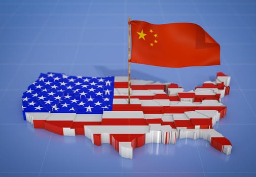 Volumetric map of the USA and waving flag of China close-up. 3D render.