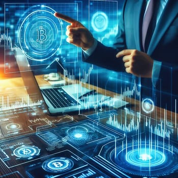 a businessman in a high-tech office surrounded by holographic financial data, charts and symbols representing the global economy and cryptographically
