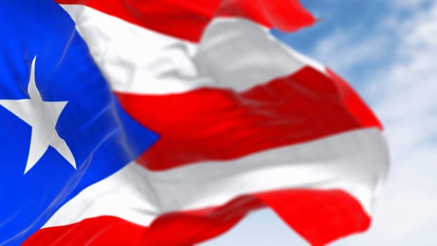 Close-up of Puerto Rico national flag waving in the wind. Puerto Rico is a Caribbean island and unincorporated territory of the United States. 3D illustration render. Rippling fabric
