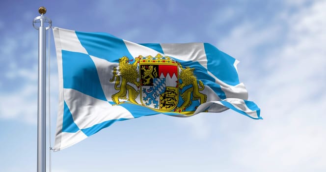 Bavarian flag waving in the wind on a clear day. Bavaria is a state in the south-east of Germany. 3d illustration render. Fluttering fabric.