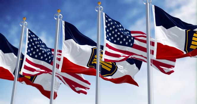 The Beehive Flag of Utah and the american flag waving on a clear day. 3D illustration render. Rippling fabric. Selective focus