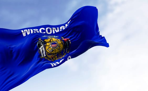 Wisconsin state flag waving in the wind. Blue flag with a central coat of arms. 3d illustration render. Rippled fabric. Textured background. Selective focus