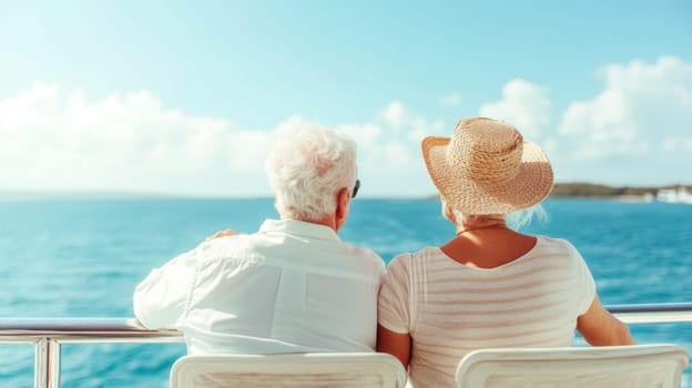 Elderly couple looks at blue sea and clear sky from the deck of the cruise ship, AI Generated