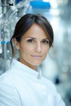 Scientist in white lab coat smiling in laboratory setting, AI Generated