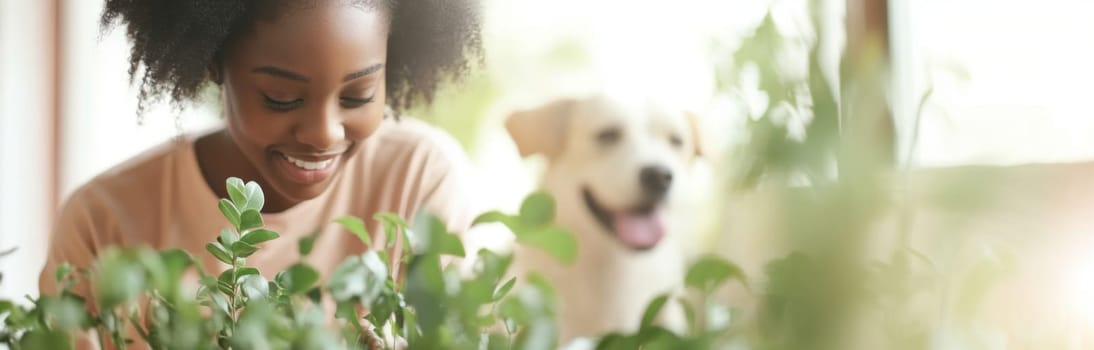 Young woman caring for houseplants with dog in bright home interior, AI generated