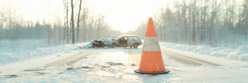 Orange traffic cone in foreground on snowy road with car accident, concept of safety on the winter roads, AI Generated