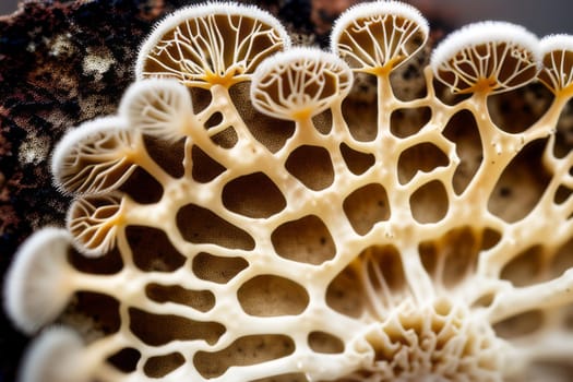 Natural fungus mycelium network texture closeup. Filaments of fungi microorganisms microscopy. AI Generative content