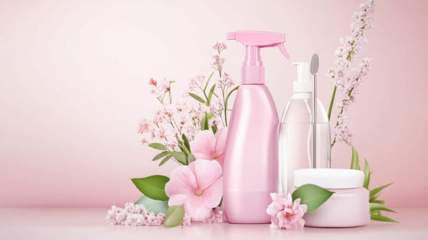 Seasonal spring cleaning, florals and cleaning products pastel mockup design background, AI Generated content