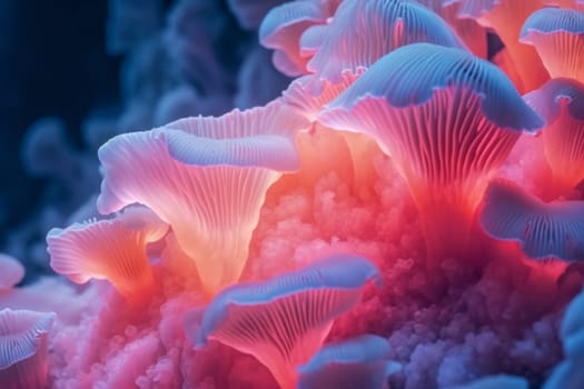 Natural fungus mycelium network texture closeup. Environmental friendly filaments of fungi microorganisms microscopy in bright neon colors, AI Generated