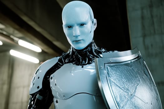 A futuristic AI guardian stands tall, featuring a robotic design with a protective shield. This image represents the intersection of technology and security, showcasing innovation in cybersecurity.