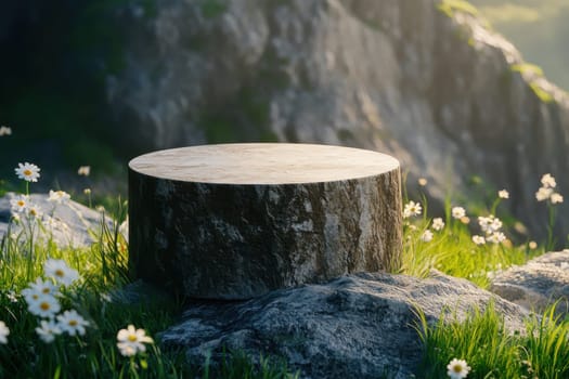 A photorealistic outdoor scene featuring a sturdy round product set on a rocky surface surrounded by vibrant daisies and greenery. The sunlight highlights the textures, creating a serene atmosphere.