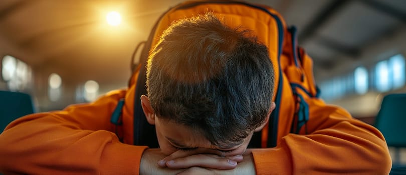 A young boy in an orange hoodie rests his head on folded arms, looking exhausted in a sunlit room.
