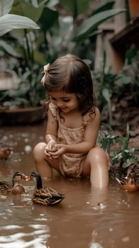 A young girl joyfully plays with ducks in a natural setting, surrounded by lush greenery.
