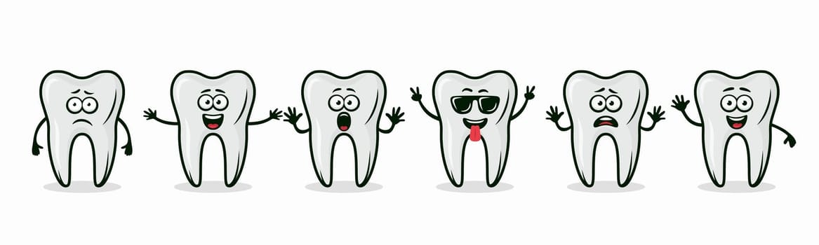 Adorable Tooth Characters Showing Different Emotions. Flat Vector Tooth Illustration - Happy, Excited, Sad, Scared Expressions. Cute Tooth Design Templates for Dental Logos, Marketing, Dental Branding.