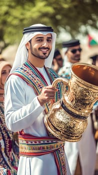 A man in traditional attire holds an ornate vessel during a cultural event, showcasing heritage and pride.