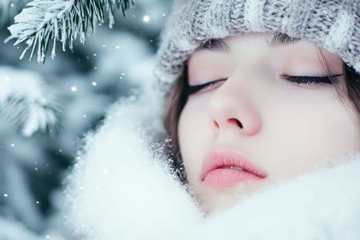 A young woman relaxes with closed eyes surrounded by soft snow and evergreen branches in a serene winter setting.