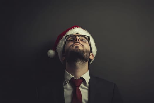 A man dressed in a suit with a red tie and Santa hat gazes upward embracing the holiday spirit in a dark setting.