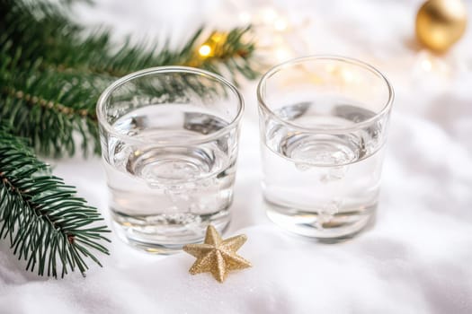 Two clear glasses filled with water rest on a white surface surrounded by holiday decorations and evergreen branches.