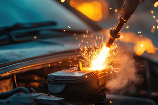 A person welds a car engine while sparks and smoke rise highlighting the intense work of automotive repair at dusk.