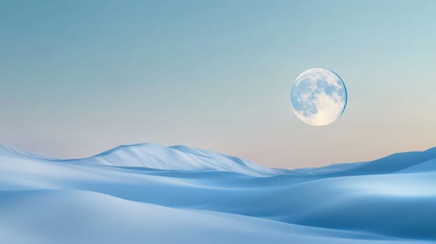 A serene winter landscape features rolling snow covered hills under a large moon in the evening sky creating a peaceful atmosphere.