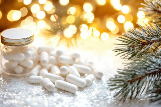 White capsules are scattered on a snowy surface beside a small glass jar and some pine branches creating a wintery atmosphere.