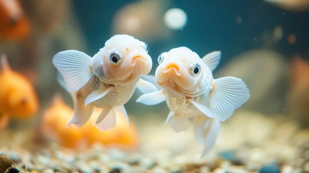Two lively goldfish are swimming close together in a brightly lit aquarium filled with colorful pebbles.