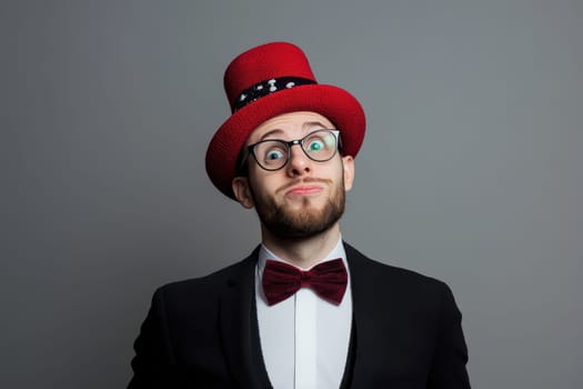 A man with glasses and a beard wears a red hat and bow tie while making a playful expression against a gray background.