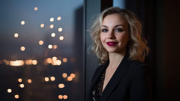 A stylish woman with wavy blonde hair is standing by a window overlooking a city filled with twinkling lights at dusk.