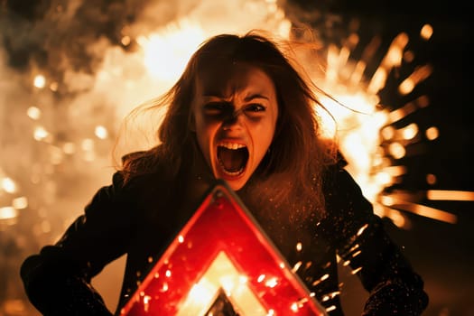 A woman passionately screams while holding a warning signal surrounded by sparks creating a dramatic night atmosphere.