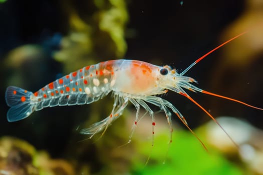 A vibrant red and transparent shrimp swims gracefully among coral in clear water demonstrating its natural habitat and behavior.