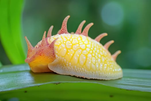 A unique yellow sea slug with spiky features rests on a vibrant green leaf surrounded by soft natural light in a tropical environment.