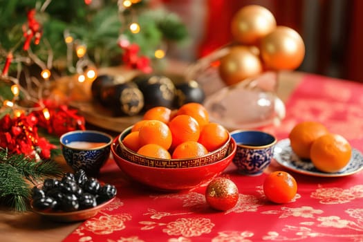 This festive table features a vibrant display of oranges black olives and decorative ornaments creating a cheerful holiday atmosphere.