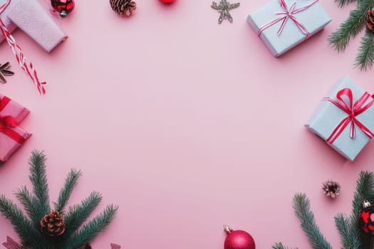 Festive gifts and ornaments are arranged around a pink table surface creating a cheerful holiday atmosphere for celebration and joy.