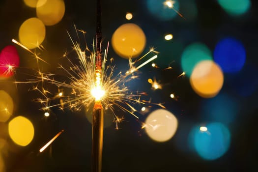 A sparkler shines brilliantly amidst colorful bokeh lights during a festive event creating a joyful ambiance and celebration.