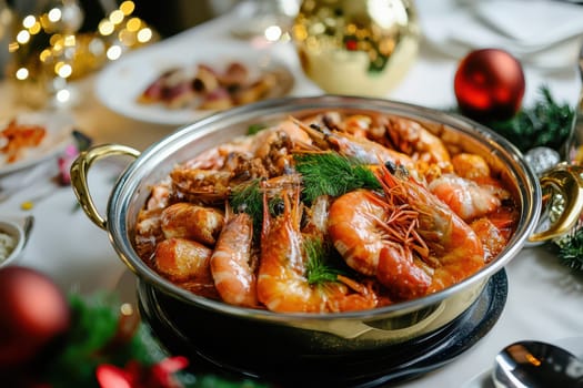A beautifully arranged seafood platter featuring shrimp and other shellfish on a decorated dining table during a festive celebration.