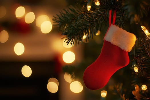 A festive red stocking with white fur trim hangs from a Christmas tree surrounded by glowing lights and a warm atmosphere.