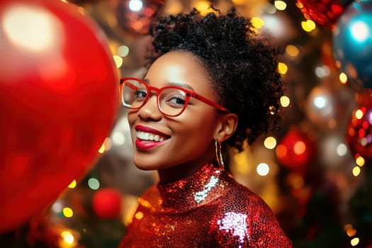A young woman joyfully poses with a bright smile at a festive holiday gathering surrounded by colorful decorations and Christmas lights.