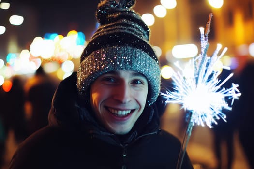 A young man smiles brightly while holding a sparkler in a busy street filled with colorful lights and cheerful festivity.