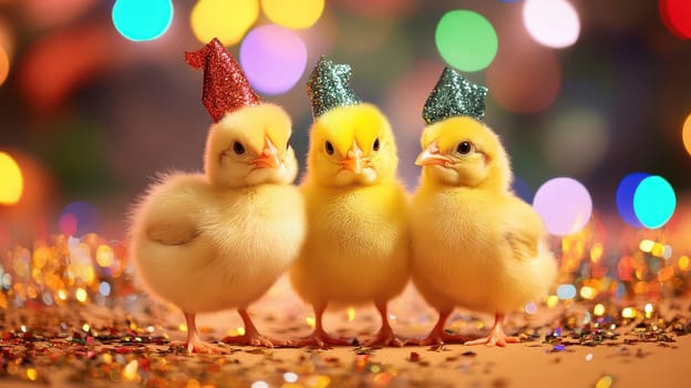 Three fluffy yellow chicks wear colorful party hats standing together among shiny decorations adding fun to the festive atmosphere.