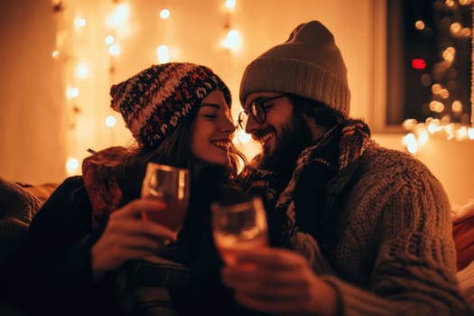 A couple sits close together sharing drinks while surrounded by fairy lights creating a warm and intimate atmosphere during the evening.