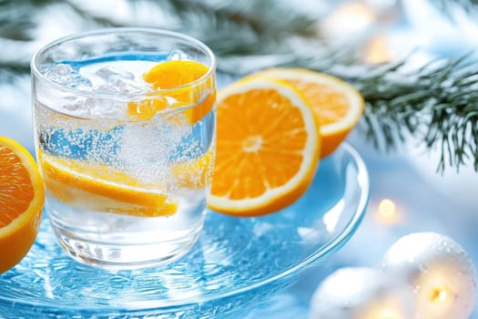 A clear glass filled with sparkling water and orange slices sits on a blue plate surrounded by oranges and festive decorations.