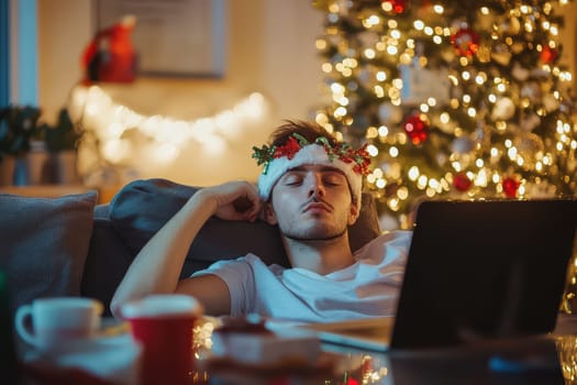 A young man is peacefully napping on a couch with a laptop nearby surrounded by holiday decorations and lights.