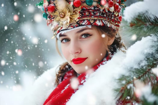 A young woman dressed in festive winter clothing smiles amidst falling snowflakes in a serene outdoor setting.