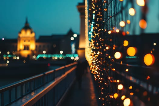 The bridge is adorned with glowing lights as twilight settles over the city creating a festive atmosphere that invites evening strolls.